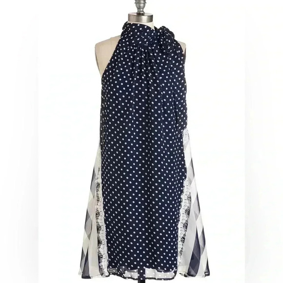 [L]Ryu Anthropologie Polka Dot Navy Blue  Whirled Tour Dress adjustable Neck Tie - Picture 1 of 16